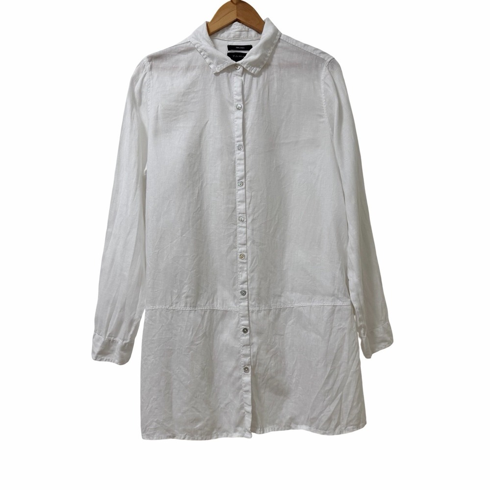 Tahari Womens 100% Linen Button Up Tunic Shirt Size L White Resortwear Vacation